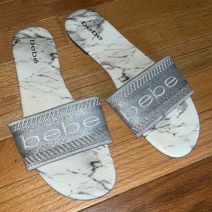 NWOT Bebe flat slides. Women's 9. Gray/white marble. Flawless condition.